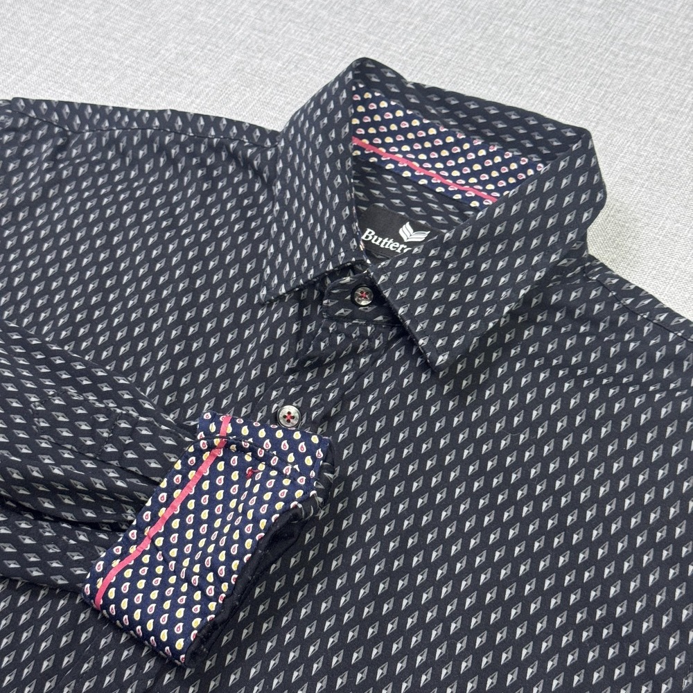 Buttercloth Geometric Dress‎ Shirt Mens Large Black Point Collar Long Sleeve